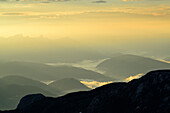 View towards the valley of Salzach and Dachstein range from Hochkoenig, Hochkoenig, Berchtesgaden range, Salzburg, Austria