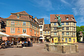 Schwendi well in front of half timbered houses, Colmar, Alsace, France, Europe