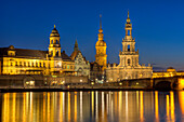 Elbe river with Dresden Castle and Hofkirche in the evening, Dresden, Saxony, Germany, Europe