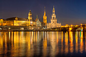 Elbe river with Dresden Castle and Hofkirche in the evening, Dresden, Saxony, Germany, Europe