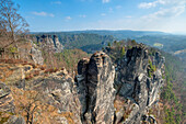 View from the Bastei rock onto rock formations, Elbe Sandstone mountains, Saxon Switzerland, Saxony, Germany, Europe