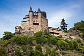 Burg Katz thront über dem Rhein, Sankt Goarshausen, Rheinland Pfalz, Deutschland, Europa