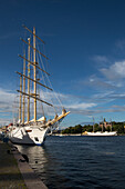 Großsegler Star Flyer und das zu einer Jugendherberge umgebaute Segelschiff af Chapman am Ufer gegenüber, Stockholm, Stockholm, Schweden, Europa
