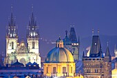 czech republic, prague - spires of the old town at dusk
