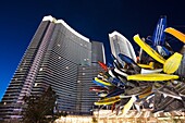 USA, Nevada, Las Vegas, CityCenter, Aria Hotel and canoe sculpture, Big Edge by Nancy Rubins, dawn