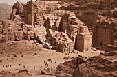 Jordan, Petra-Wadi Musa, Ancient Nabatean City of Petra, Petra overview with tourists