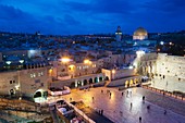 Israel, Jerusalem, Old City, Jewish Quarter, elevated view of the Western Wall Plaza, late evening