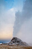 Steam venting during eruption of White Dome Geyser on a stormy autumn morning, Yellowstone National Park, Wyoming