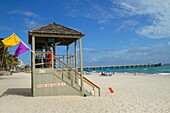 Florida, Deerfield Beach, lifeguard, station, hut, sand, public, Atlantic Ocean, coast, shore, surf, sunbathers, Deerfield Beach International Fishing Pier