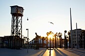 Cable car tower station by La Barceloneta beach, Barcelona, Catalonia, Spain