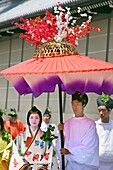 Participants dressed in Imperial court costumes of the Heian period 794-1185 taking part in the Aoi Matsuri parade