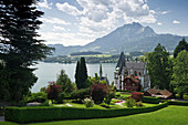 Meggenhorn castle with Mount Pilatus in the background, Lake Lucerne, canton Lucerne, Switzerland, Europe