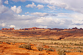 View from Park Avenue Viewpoint over the Petrified Dunes towards Balanced Rock and Windows Section, Arches National Park, Utah, USA, America