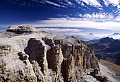 Dolomite mountains including Le Tofane, Croda, Civetta and Marmolada, seen from Sass Pordoi in the Sella mountain chain, Trentino, South Tyrol, Alto Adige, Italy
