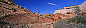 Blick entlang der Mount Carmel Road unter blauem Himmel, Zion Nationalpark, Utah, USA, Amerika