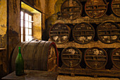 Ageing barrels at Chateau du Breuil Calvados distillery, Le Breuil en Auge, Calvados, Basse-Normandy, France