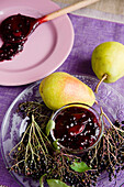 Elderberry and pear compote, jam, homemade, Bavaria, Germany