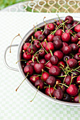 Freshly picked cherries in a sieve, harvest, Fruit