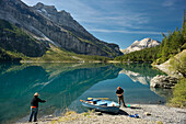 fishermen, Oeschinen Lake, Kandersteg, Bernese Oberland, Canton of Bern, Switzerland, Europe