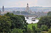 Blick über die Elbauen zur Frauenkirche, Dresden, Sachsen, Deutschland, Europa