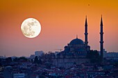 Mosque siluet with moon at sunset  Istanbul, Turkey