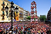Xiquets de Tarragona ´Castellers´ building human tower, a Catalan tradition Festa de Santa Tecla, city festival  Plaça de la Font Tarragona, Spain