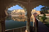 The Amber Fort reflected in the Maotha lake, Jaipur, India