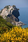 the steep an mountainous northern coast of Skopelos Island with the church Agips Ioannis sto Kastri, famous through the hollywood movie Mamma Mia, Skopelos Island, Northern Sporades, Greece      , Northern Sporades, Greece