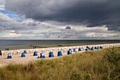 Beach chairs ´ Strandkorb ´ and the baltic beach of the coastal resort of Bansin, Usedom island, Mecklenburg-Vorpommern, Germany