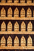 Laos, Luang Prabang, Wat Xieng Thong, Reclining Buddha Shrine Red Chapel, interior, golden Buddha images