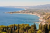 View of Giardini Naxos and Golfo Di Naxos, from Taormina, Sicily, Italy