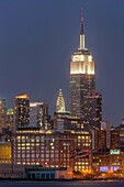 The Empire State Building, Chrysler Building, and other Manhattan skyscrapers at twilight, New York City, New York, USA