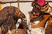 Kazak eagle hunters from far western province of Bayan Olgii compete in winter festival, Mongolia