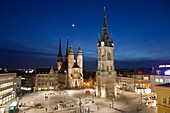 Marien Church and Red Tower, illuminated at night, Halle, Germany