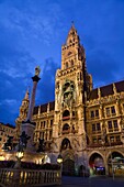 Marienplatz with New City Hall and Marian column at night, Munich, Germany