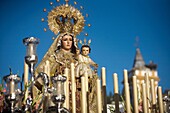 A wooden statue of the Virgin Carmen is publicly displayed during a Holy Week procession in the town of Prado del Rey in southern Spain´s Cadiz Sierra region in Andalucia, April 24, 2011  Easter processions in Andalucia during Holy Week are a public displ