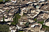 France, Vaucluse, (84), Lourmarin village in southern Luberon, village labeled The Most Beautiful Villages of France (aerial photo)