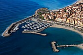 France, Provence-Alpes-Cote d'Azur (06), Menton, open port city on the Mediterranean Sea, on the border of Italy, Aerial Photo