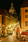 Münzgasse mit Frauenkirche bei Nacht, Dresden, Sachsen, Deutschland, Europa