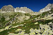 High mountain landscape with boulders and stream, Alpe di Rotondo, Gotthard range, Ticino, Switzerland