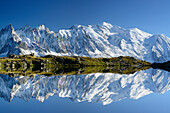 Mont Blanc range with Aiguilles du Chamonix and Mont Blanc reflecting in a mountain lake, Mont blanc range, Chamonix, Savoy, France