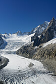 Blick auf Gletscher Mer de Glace, Mont blanc-Gruppe, Mont Blanc, Chamonix, Savoyen, Frankreich