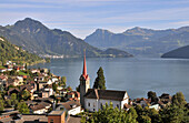 Blick auf Weggis am Vierwaldstätter See, Kanton Luzern, Zentralschweiz, Schweiz, Europa