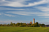 Lighthouses and cirrus clouds at Cape Arkona, Wittow peninsula, Ruegen island, Baltic coast, Mecklenburg Western Pomerania, Germany, Europe