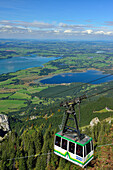 Tegelberg cable car with lake Forggensee and lake Bannwaldsee, Tegelberg, Ammergau range, Allgaeu, Swabia, Bavaria, Germany