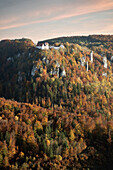 Blick vom Knopfmacherfels zur Burg Wildenstein an der Donau im Herbst, Naturpark Oberes Donautal bei Beuron, Landkreis Sigmaringen, Schwäbische Alb, Baden-Württemberg, Deutschland