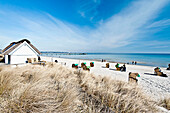 Hooded beach chairs on the beach in Scharbeutz, Schleswig Holstein, Germany