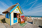 Kiosk for renting hooded beach chairs on the beach of Scharbeutz, Schleswig Holstein, Germany