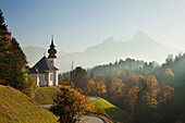 Maria Gern pilgrimage church in the sunlight, view onto Watzmann, Berchtesgaden region, Berchtesgaden National Park, Upper Bavaria, Germany, Europe