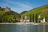 Schaufelraddampfer Goethe auf dem Rhein bei Bacharach, Burg Stahleck, Rhein, Rheinland-Pfalz, Deutschland